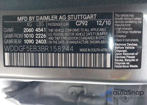 2011 Mercedes-Benz C 300 Luxury/Sport из США, поврежденный, VIN WDDGF5EB3BR158244